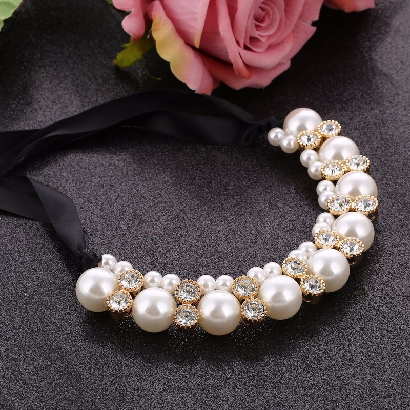 KMVEXO Imitation Pearl Chokers Necklace White Black Beads Rhinestone Ribbon Necklaces&Pendants Statement Necklace For Women