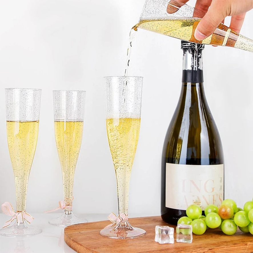 Clear Champagne Flutes Stemmed Party Wine Cups Crystal Wine Cocktail Cups Plastic Glitter Champagne Flutes Reusable