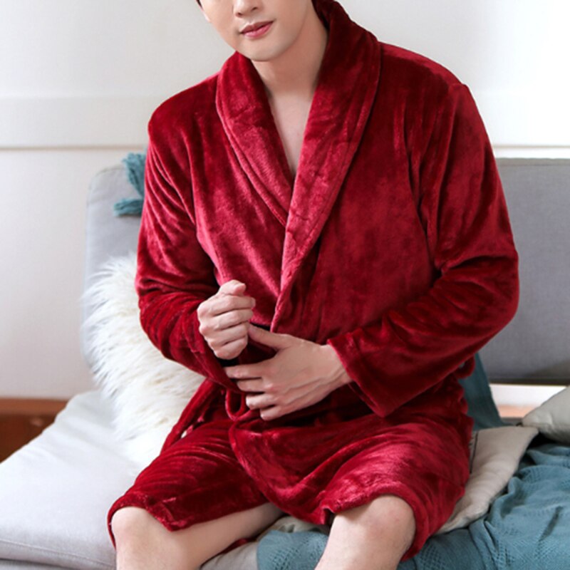 Men Casual Loose Kimono Bathrobe Autumn Winter Flannel Long Robe Sleepwear Nightgown Male Warm Thick Home Wear