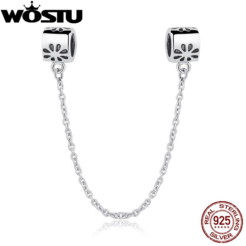 100% 925 Sterling Silver Daisy Safety Chain Charm Fit Original WOST Bracelet Pendant Authentic Jewelry Christmas ZBBS204