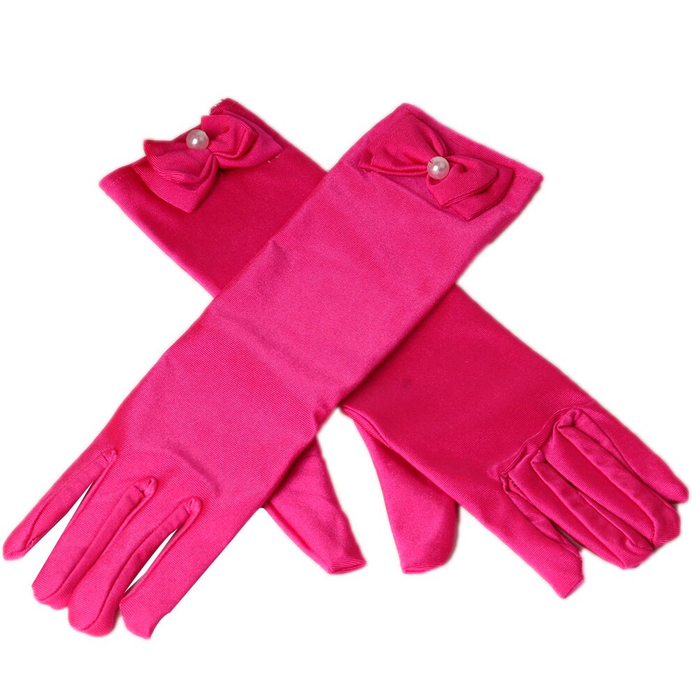 Gants de fête 11 couleurs | Gants longs de princesse pour enfants filles, gants en Satin avec nœud perlé, gants d'anniversaire: Rose Rouge