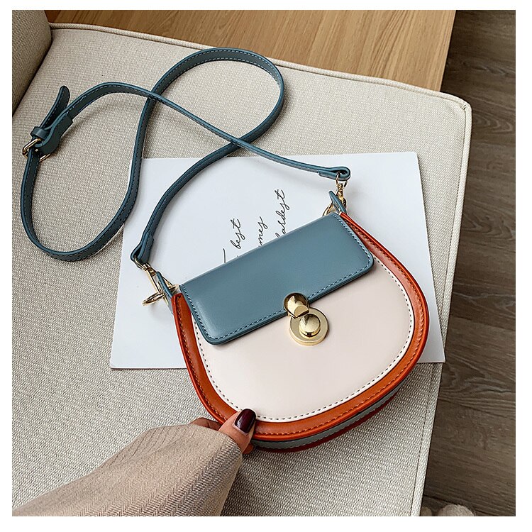 PU Leather Contrast color Crossbody Bags For Women Small Shoulder Bag Female Handbags and Purses travel bags: Blue