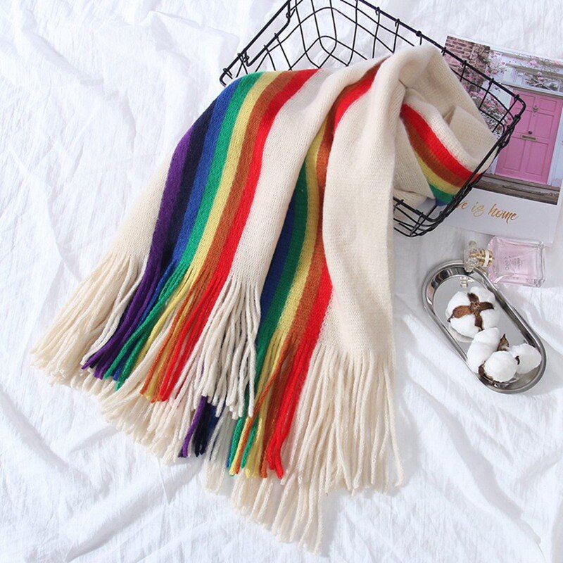 Chal bufanda de gran tamaño a rayas LGBT arco iris para mujer con borlas envolturas de Manta abrigadas de invierno 190*40cm: BG