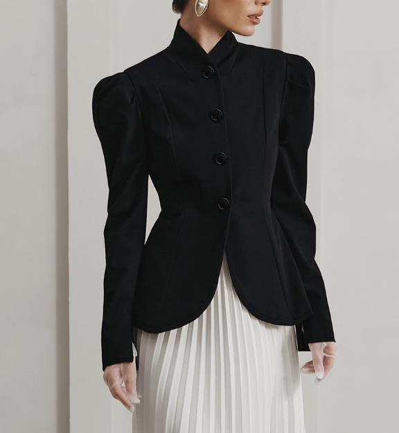 Mini abito nero elegante da donna con colletto rialzato retrò con maniche a palloncino stile pendolare e una piccola giacca in stile profumato: M