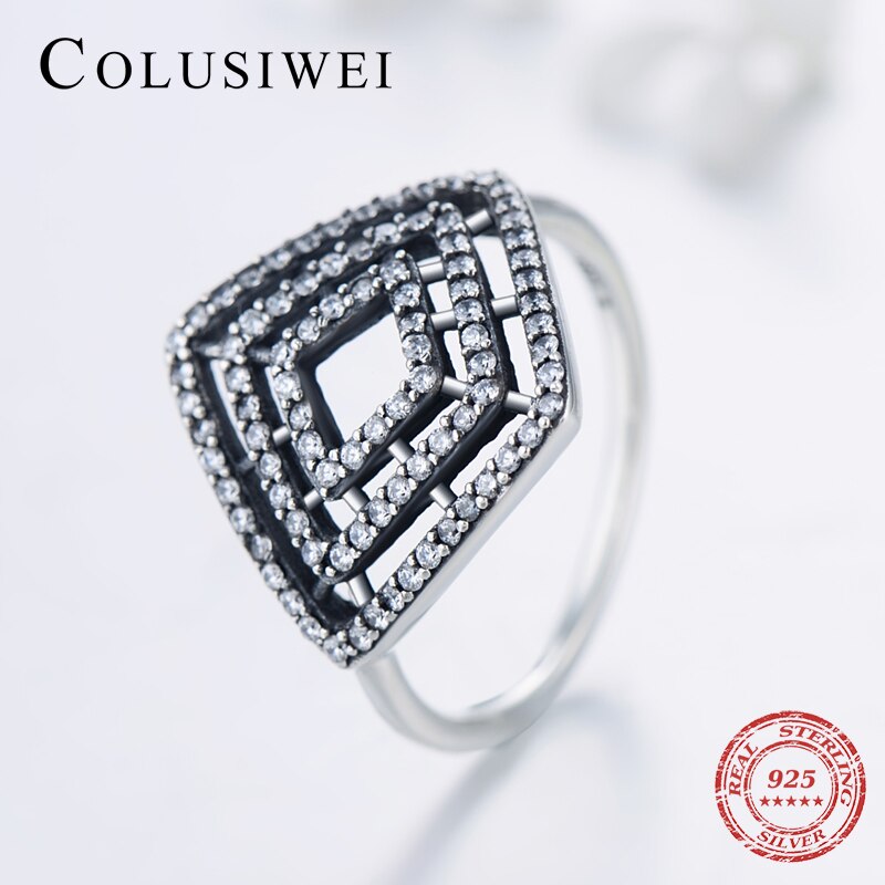 Colusiwei 925 Sterling Silver Shiny Zircon Retro Square Pendant & Stud Earring & Ring Wedding Engagement Jewelry Set