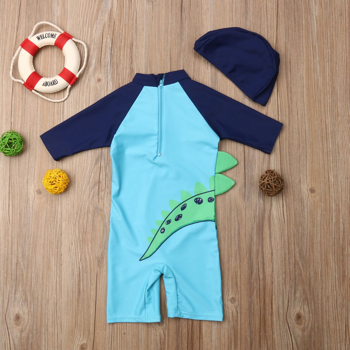 Baby Boy Cartoon Dinosaur Printed Swimsuit with Hat 1-6Y Kids Children Summer Casual Swimwear Beachwear Bathing Suit