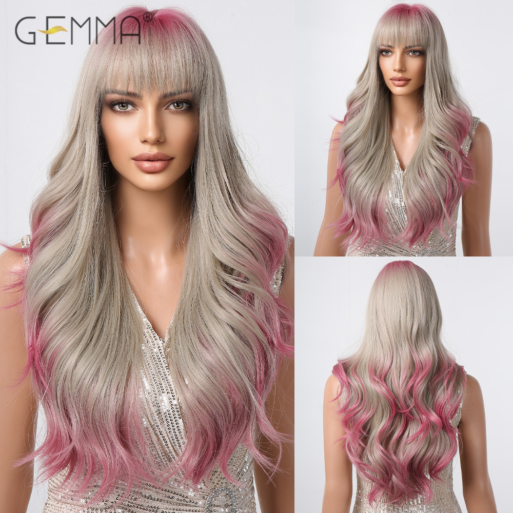 GEMMA Dark Brown Long Curly Synthetic Wig Deep Wave Cosplay Hair Wigs with Wavy Bangs for Women Daily Party Heat Resistant Fibre: #144