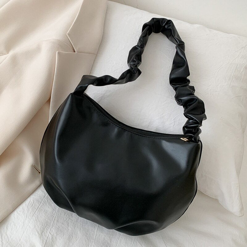 Bolsa nube plisada para mujer, bolso de hombro de cuero de PU, informal, para la axila, bolso pequeño, bolsa de la compra para mujer, bolso: black
