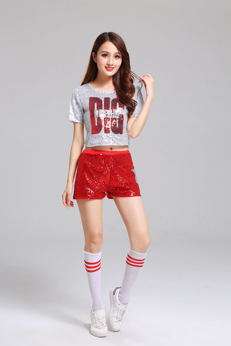 Sexy Sequin Cheerleading Kostuum Kleding Voetbal Rugby Basketbal Cheer Team Meisje Cheerleading Uniformen Dance Stage Performance: silver / L