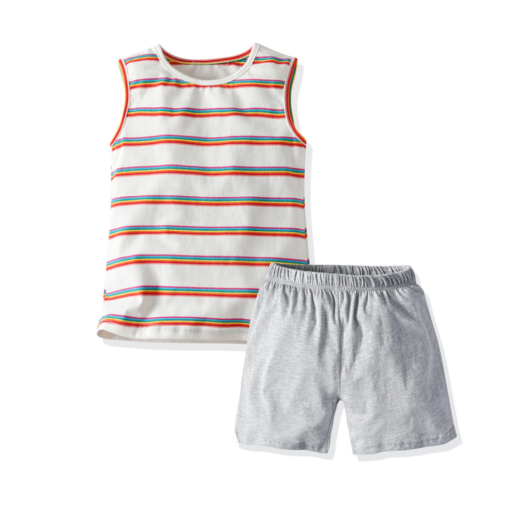 Piger sommer farverigt stribet print pyjamas sæt ærmeløse toppe og solide shorts 2 stykke casual til sommer børn nattøj: 3y-4y