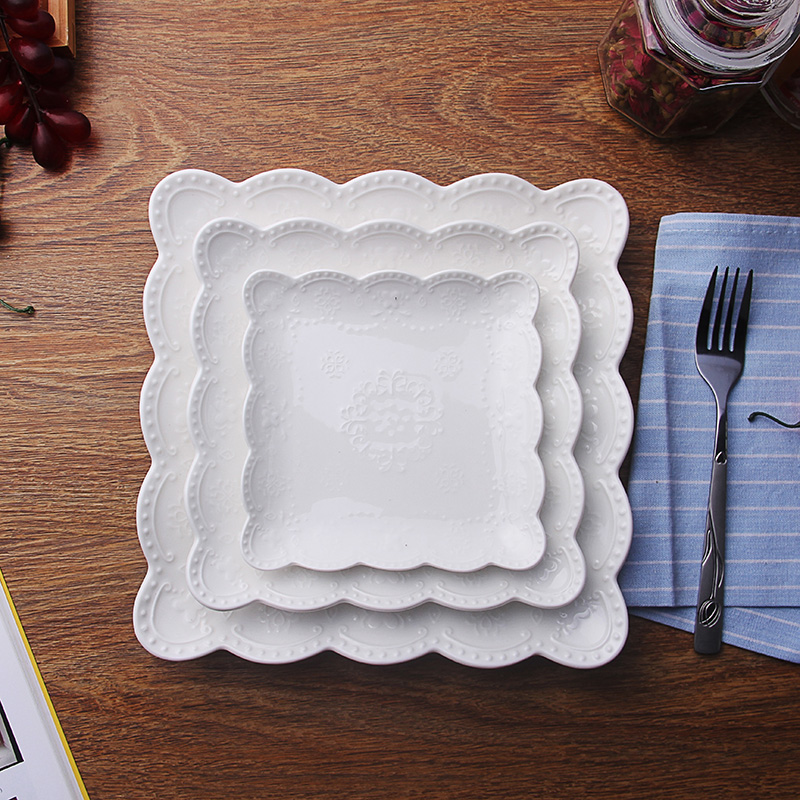 Pure White Ceramic Tableware Steak Plate Western Dish Embossed Dessert Flat Plate Disc Pasta Dish Fish Plate Fruit Tray