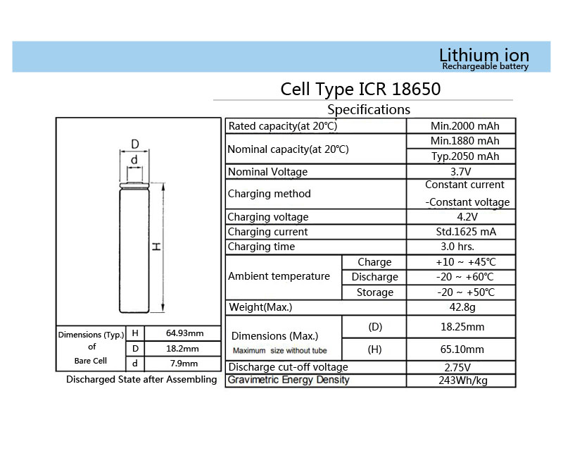 Original 18650 3.7 v 2000 mah Rechargeable Battery ICR18650 18650 LI-Ion Batteries