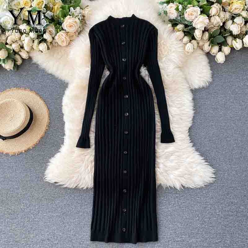 YuooMuoo French Long Slim Single-breasted Knit Long Sleeve Dress Women Autumn and Winter Bodycon Sweater Dress Vestido: Black