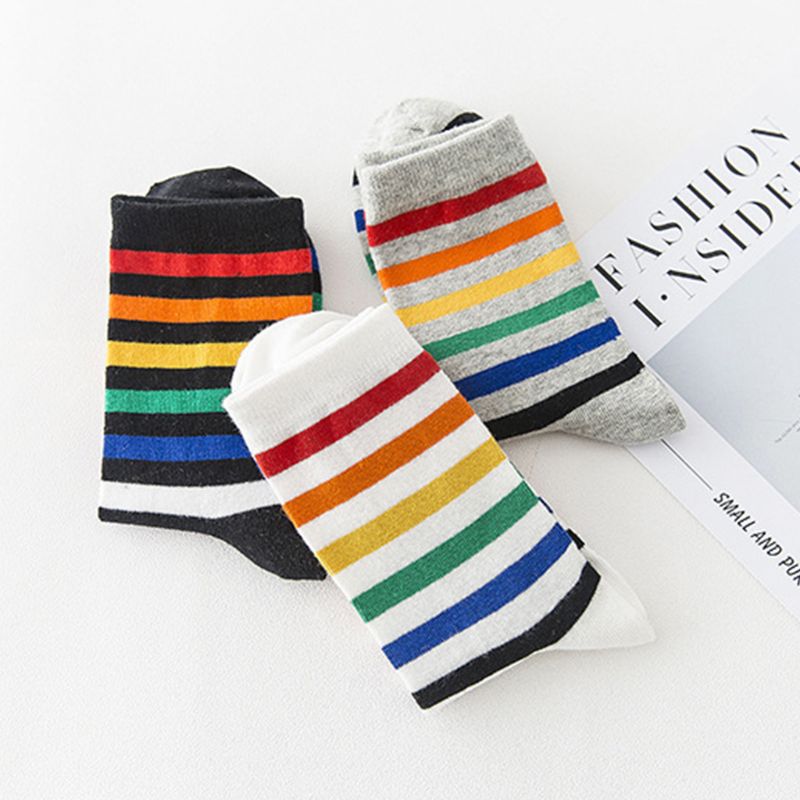 Women Teen Girls Harajuku Rainbow Striped Crew Socks Preppy Style Hip-Hop Skateboard Cotton Novelty Sports Short Tube Hosiery