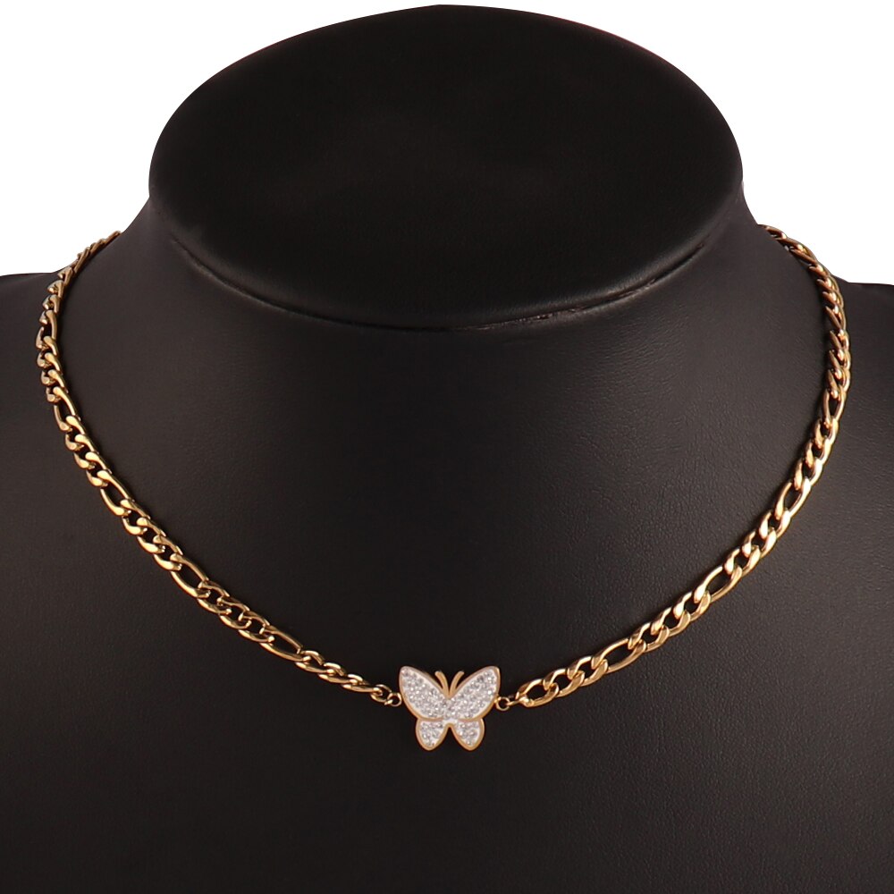 Trendy Product Stainless Steel Necklace For Women Gold Silver Color Charm Flower Butterfly Pendant Necklace Jewelry: B0265