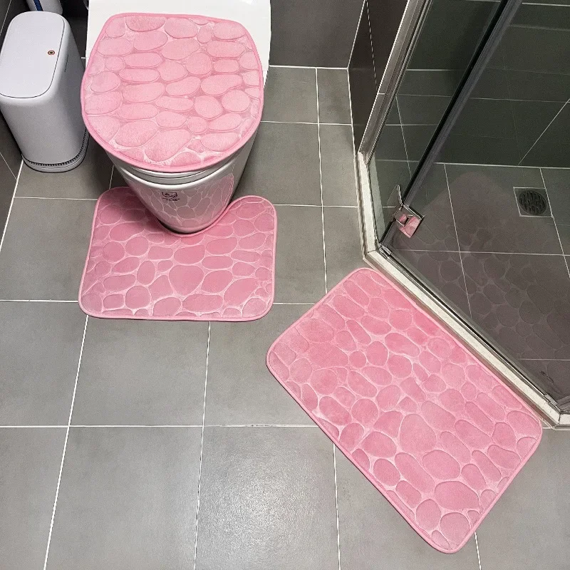 3PCS/Set Non-slip Soft Bath Mat Toilet Cover Carpet Cobblestone Embossed Floor Mat Bathroom Absorb Water Can Be Washed 욕실 매트: Red