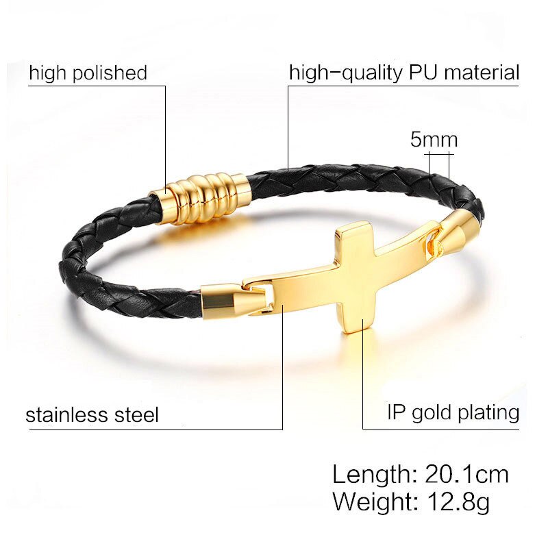 Modyle Neue Gold Farbe Edelstahl Kreuz Armbänder & Armreifen für Männer Leder Männer Hand Kette Armbinde