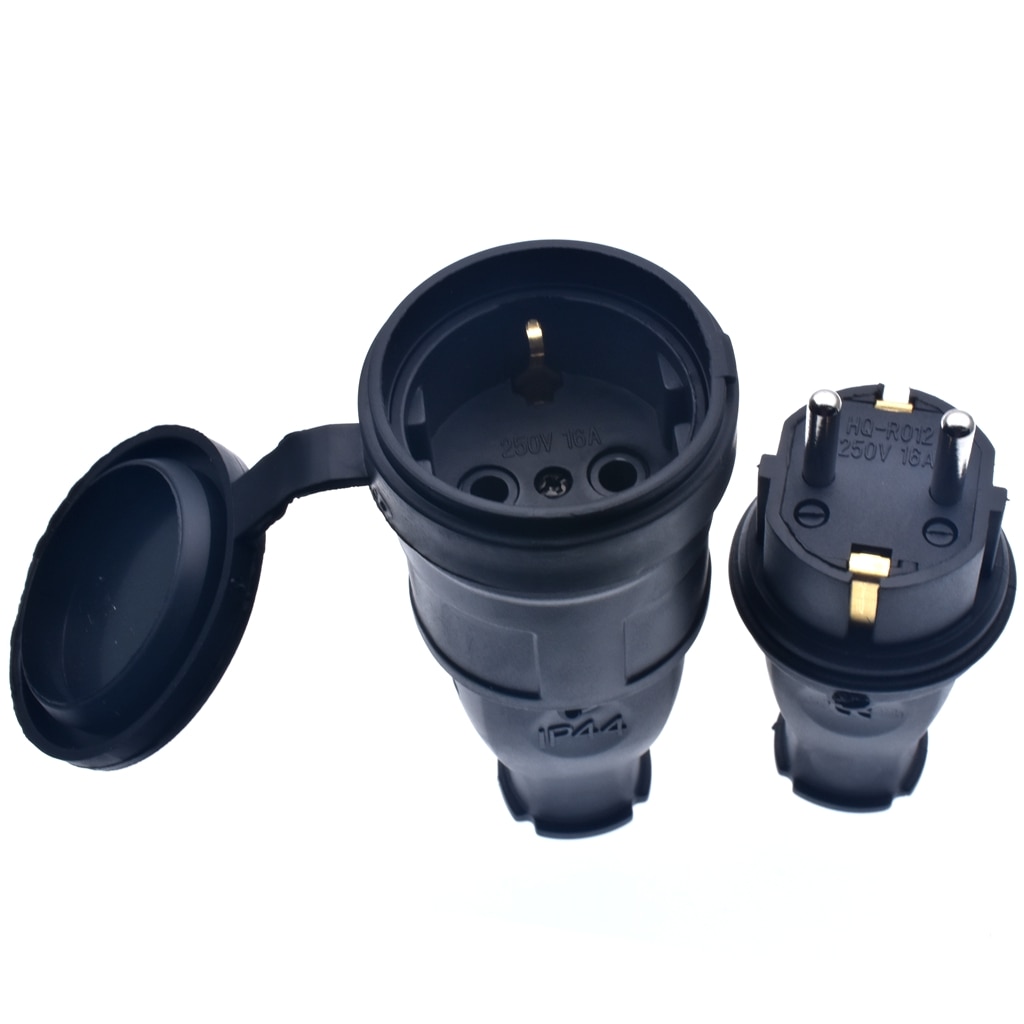 16A 250V EU Rubber Waterproof Socket Plug Electrial Grounded European Connector With Cover IP44 For DIY Power Cable Cord