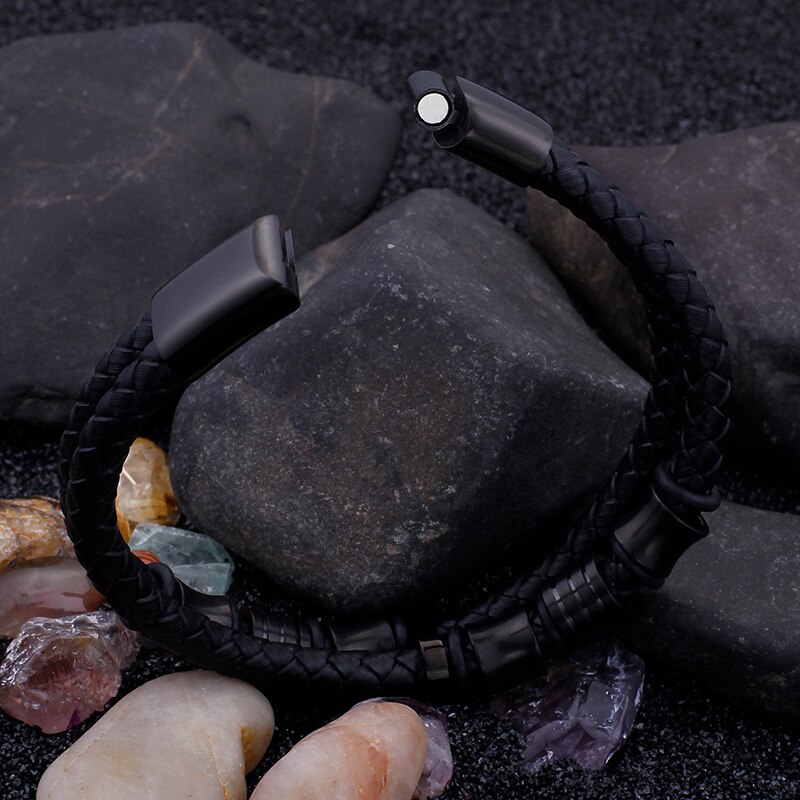 TrustyLan Couleur Or En Acier Inoxydable Bracelet En Cuir Hommes En Cuir Noir Pour Hommes bracelets d'enveloppement Bijoux Bracelet Avec Fermoir Aimanté