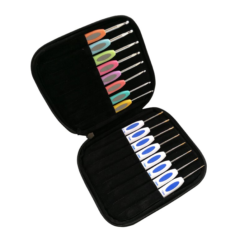 QZLKNIT 16 unids/set 1,0-6,0mm, mango de plástico clásico, conjunto de ganchillo de aluminio con bolsa, herramientas de costura de aguja de tejer DIY