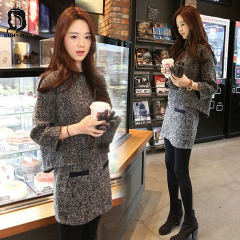 Winter Trendy Two Piece Women Set Korean Style Womens Clothing Knitted Female Slim High Waist Casual Females