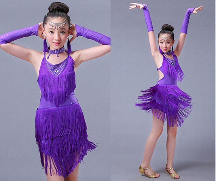 Girl Latin Dance Purple Fringe Salsa Dancing Dress Child Girls Kids Latin Dance Dresses Girls Latin Dance Costumes