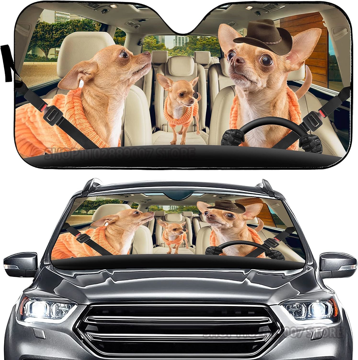 Chihuahua Auto Sun Shade Car Windshield Window Cover Cute Chihuahua Dog Family Sun Visor Protector Sunshade Animal Car Decor: Ivory