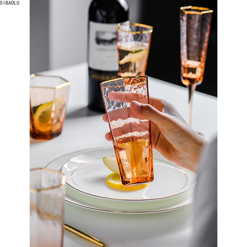 Nordisk højkvalitets sekskantet hammerstribe guldkantet vinglas krystalglas champagnekop husholdnings whiskyglas vandkop