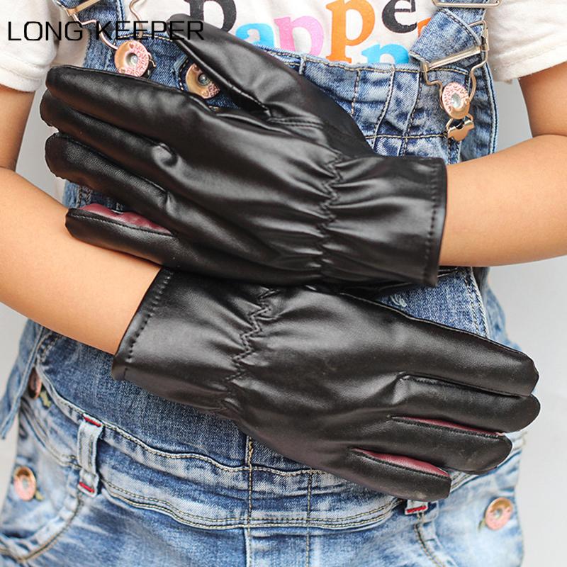 Winter Accessories PU Leather Gloves Children's Full Finger Gloves Girls Black Warm Breathable Riding Luvas
