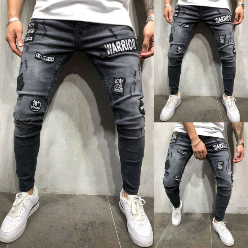 Calça jeans rasgada masculina, calça comprida skinny com rasgos destruídos para homens, casual slim fit S-3XL