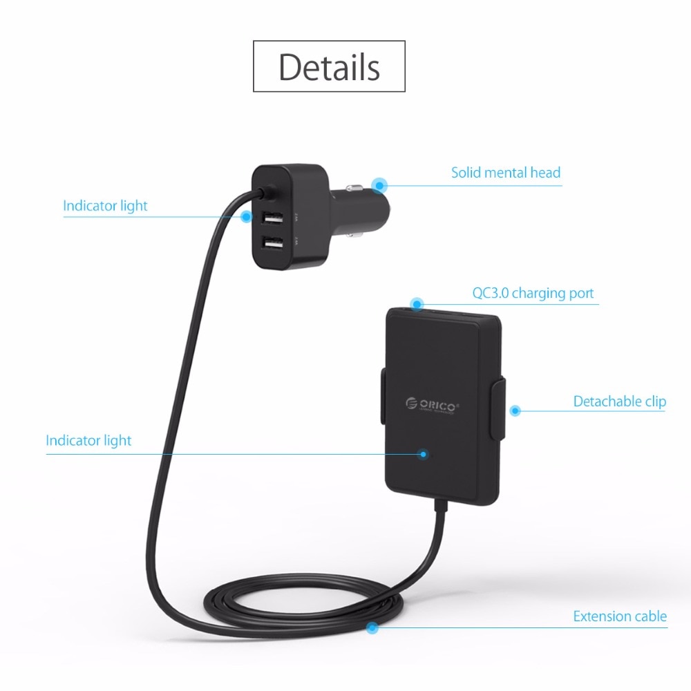 ORICO 5 Port QC3.0 szybka ładowarka samochodowa z przedłużaczem 52W uniwersalny adapter USB robić telefonów komórkowych MPV tablet PC 12V-24V