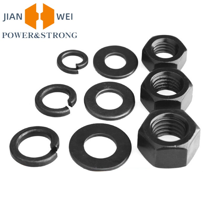50 sets M2 M2.5 M3 M4 M5 M6 M8 M10 M12 M14 M16 M18 M20 M22 M24 M27 M30 Grade 8.8 Zwart Hoge Sterkte Zeshoek Moer met Spacer Platte Ring Pakking Veerring