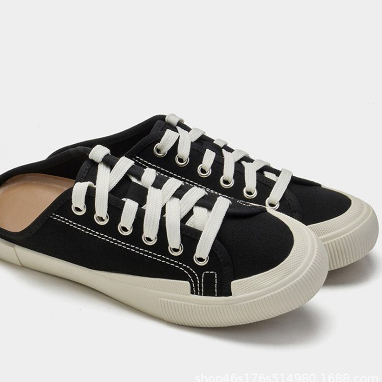 Women's Shoes Sports Canvas Shoes Flat-bottomed Half-drag Toe Cap Straps One-foot Lazy Muller Low Heel Shoes