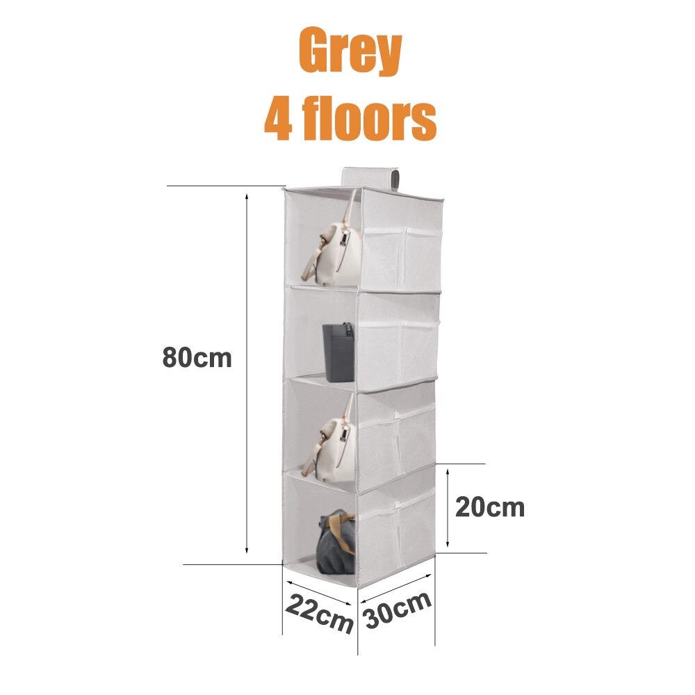 6 Pocket Foldable Hanging Bag 3 Layers Folding Shelf Bag Purse Handbag Organizer Handbag Storage Hanging Door Pocket Closet Hang: Grey 4 floors