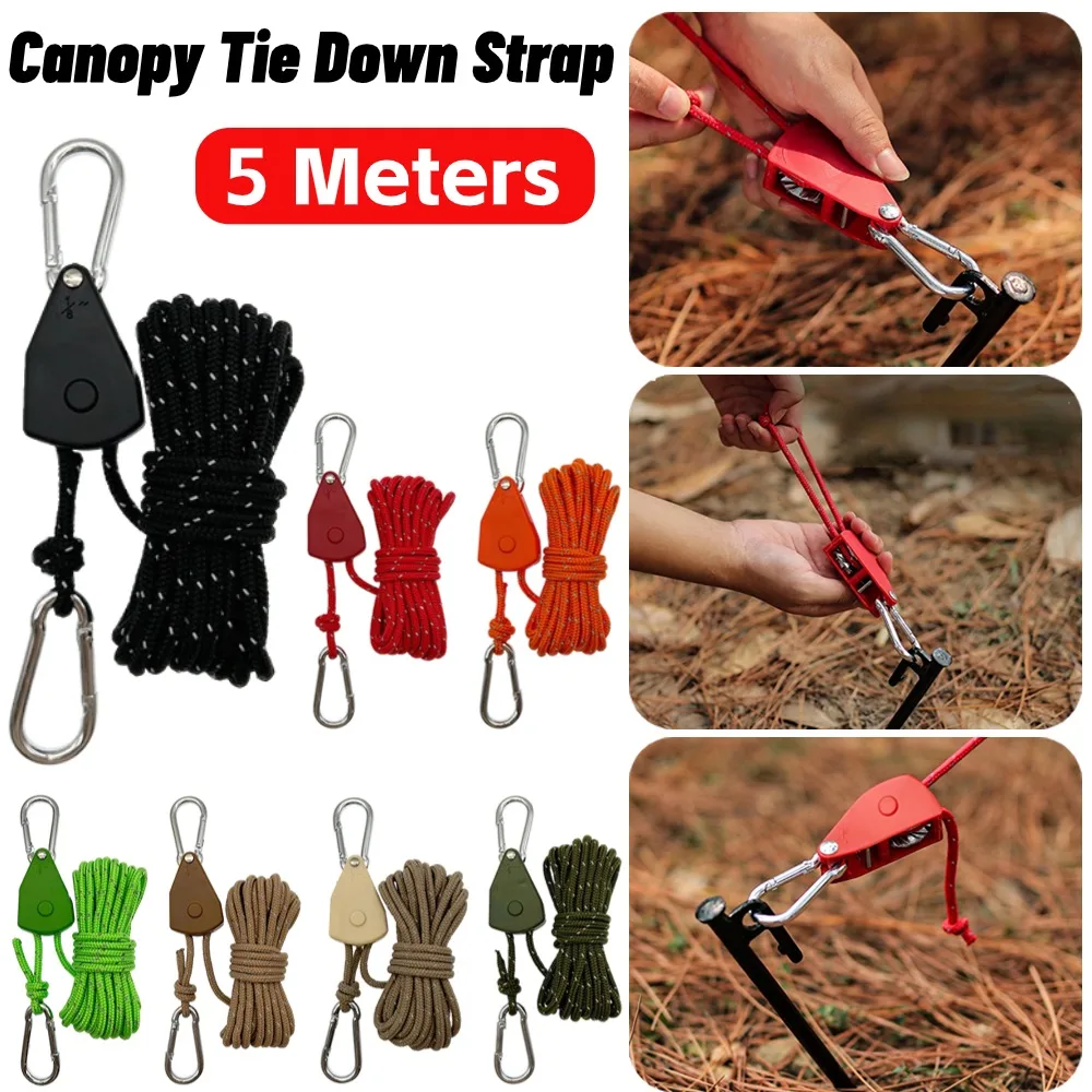5m Camping Rope Tent Adjustable Rope Fastener Fixed Buckle Pulley Tensioner Ratchet Hangers Lights Camping Awning Wind Rope