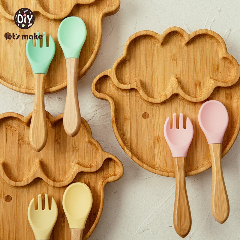 Let&#39;s Make Baby Dinner Plates Set Wooden Cartoon Dinner Plate Fork Spoon Children Feeding Plate Safe Edible Silicone Product