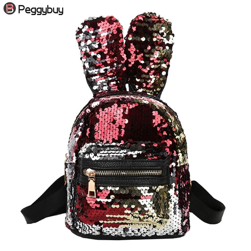 Mochila de lentejuelas para mujer, 3 unidades por juego, Linda bandolera con orejas dobles, Mini mochila para niños y niñas, mochila de viaje con lentejuelas