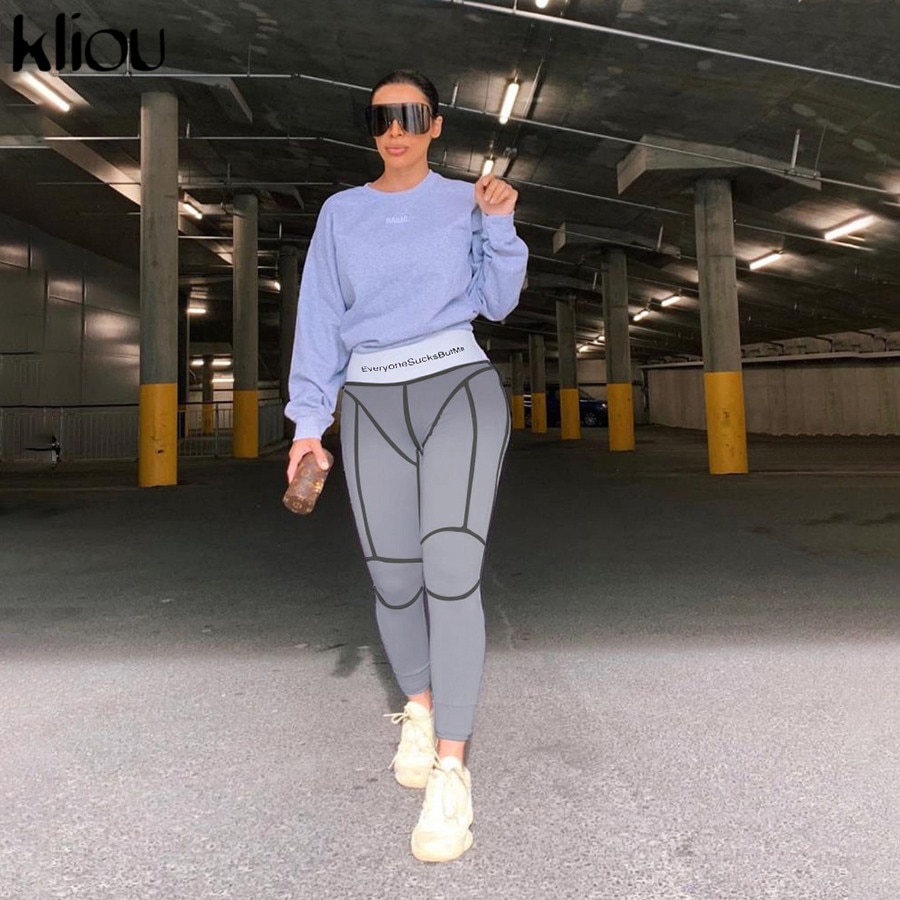 Kliou high waist letters print fitness legging herfst winter dames patchwork gestreepte streetwear sportieve slanke broek