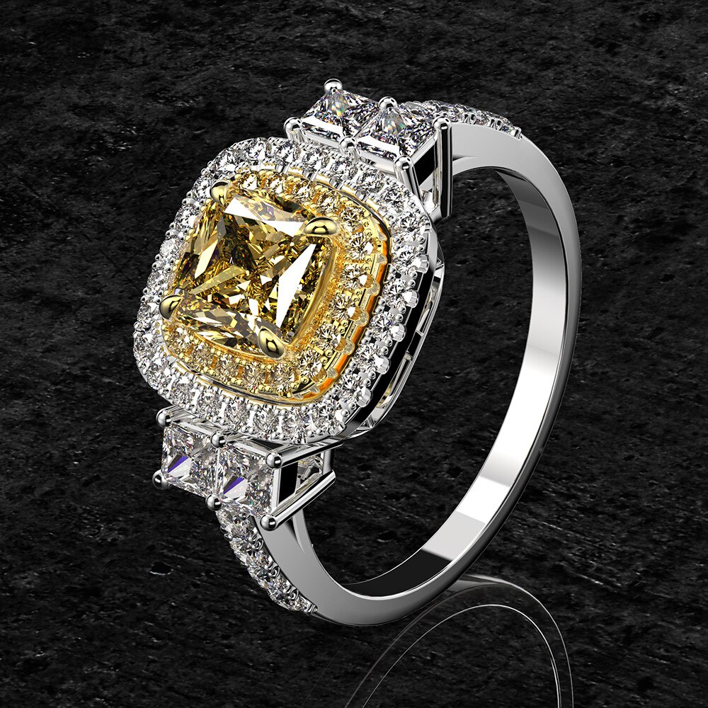 Cmajor Sterling Zilveren Synthetische Diamant Sieraden Temperament Elegante 14Ctcubic Zirkoon Geel Vierkant 6*6Mm Classic Ring Voor vrouwen