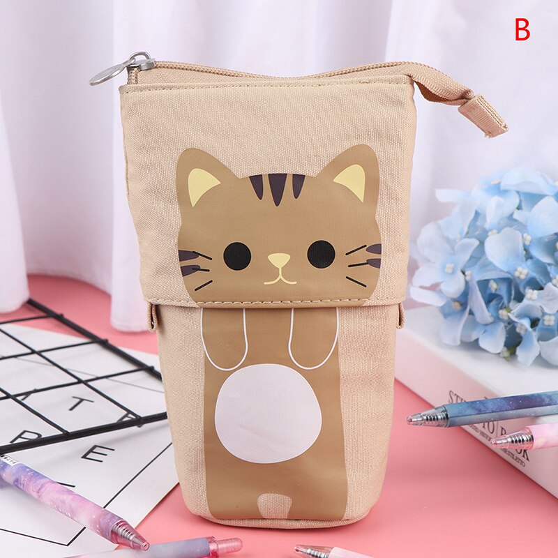 Portalápices retráctiles multifunción para niñas y niños, estuche de lápices Kawaii de lona con de animales de gato, material de papelería coreana: B