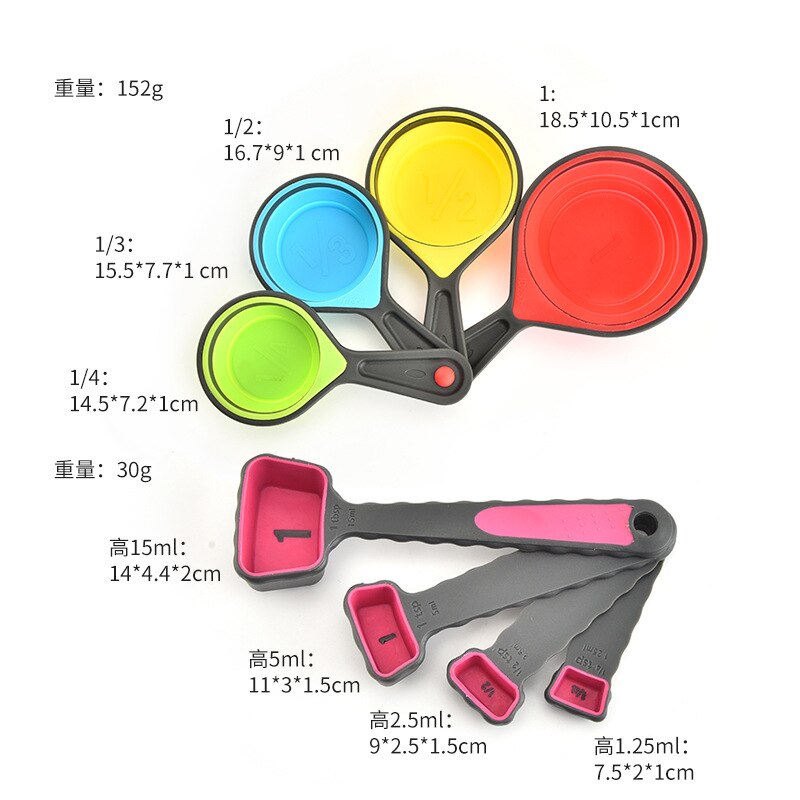 Juego de 4 tazas medidoras de silicona, cucharas medidoras plegables, herramienta de cocina, pastel, helado, plegable, herramientas para hornear y cocinar