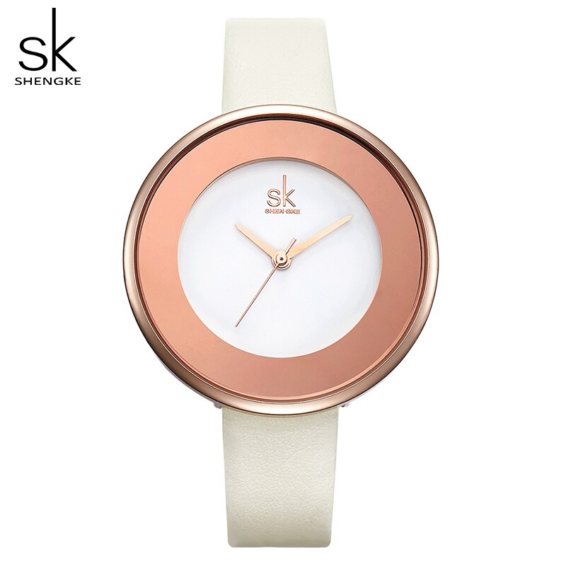 Shengke Hemelsblauw Lederen Band Gesp Vrouwen Horloges 38 Mm Grote Top Brand Eenvoudige Wijzerplaat Quartz Luxe Dameshorloge Reloj mujer: white 02