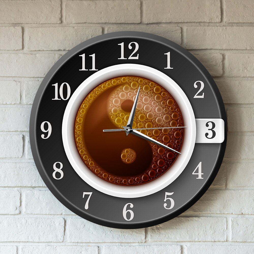 Coffee Cup with Yin and Yang Symbol Wall Clocks for Kitchen Chinese Culture Modern Cafe Shop Decor Acrylic Wall Watch