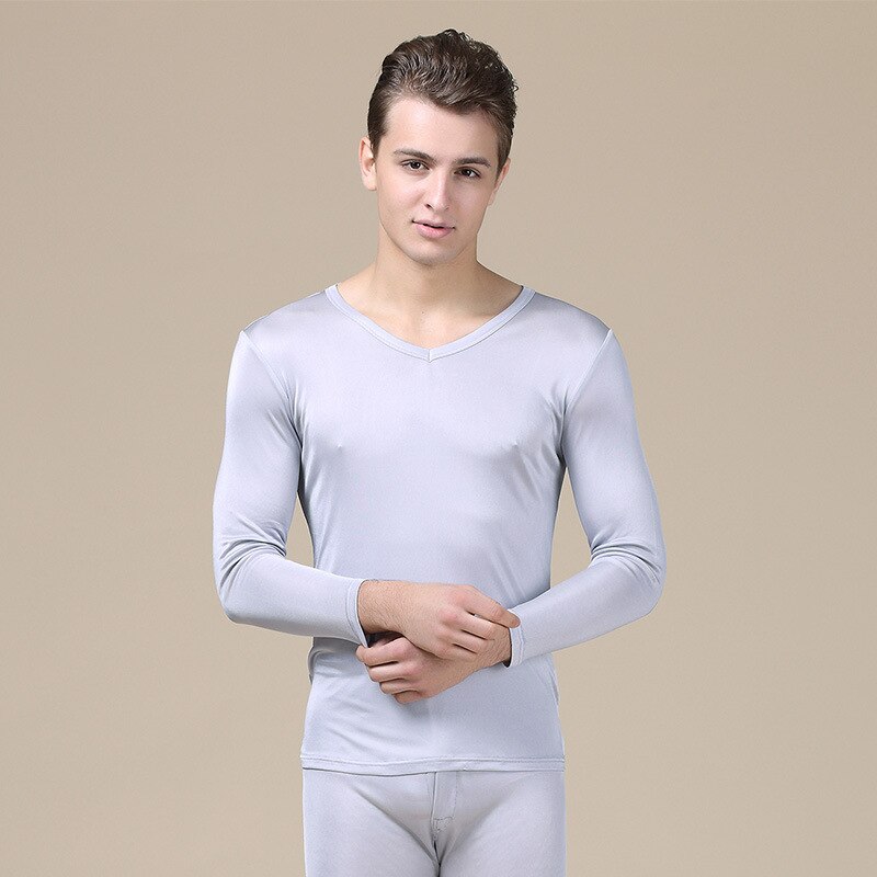 Silk Men Long Johns Elastic V Neck Underwear Sets Antibacterial Breathable Comfortable Autumn Suits: Gray / XL