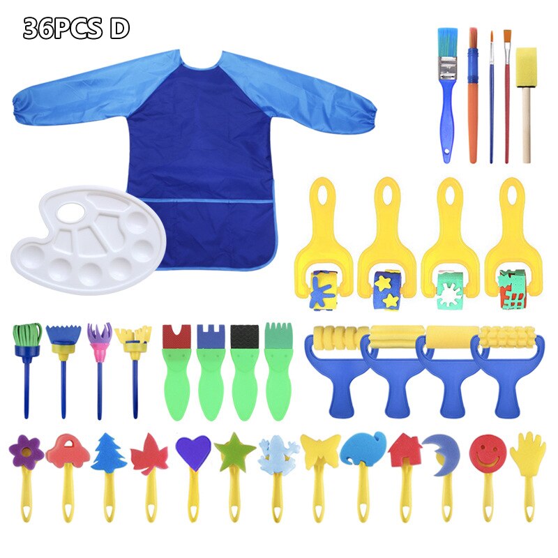 DIY Children Painting Foam Sponge Brush Apron Moulds Tools Kit Kids Early Art Education Learning Drawing Graffito Tools: 36pcs toys gift D