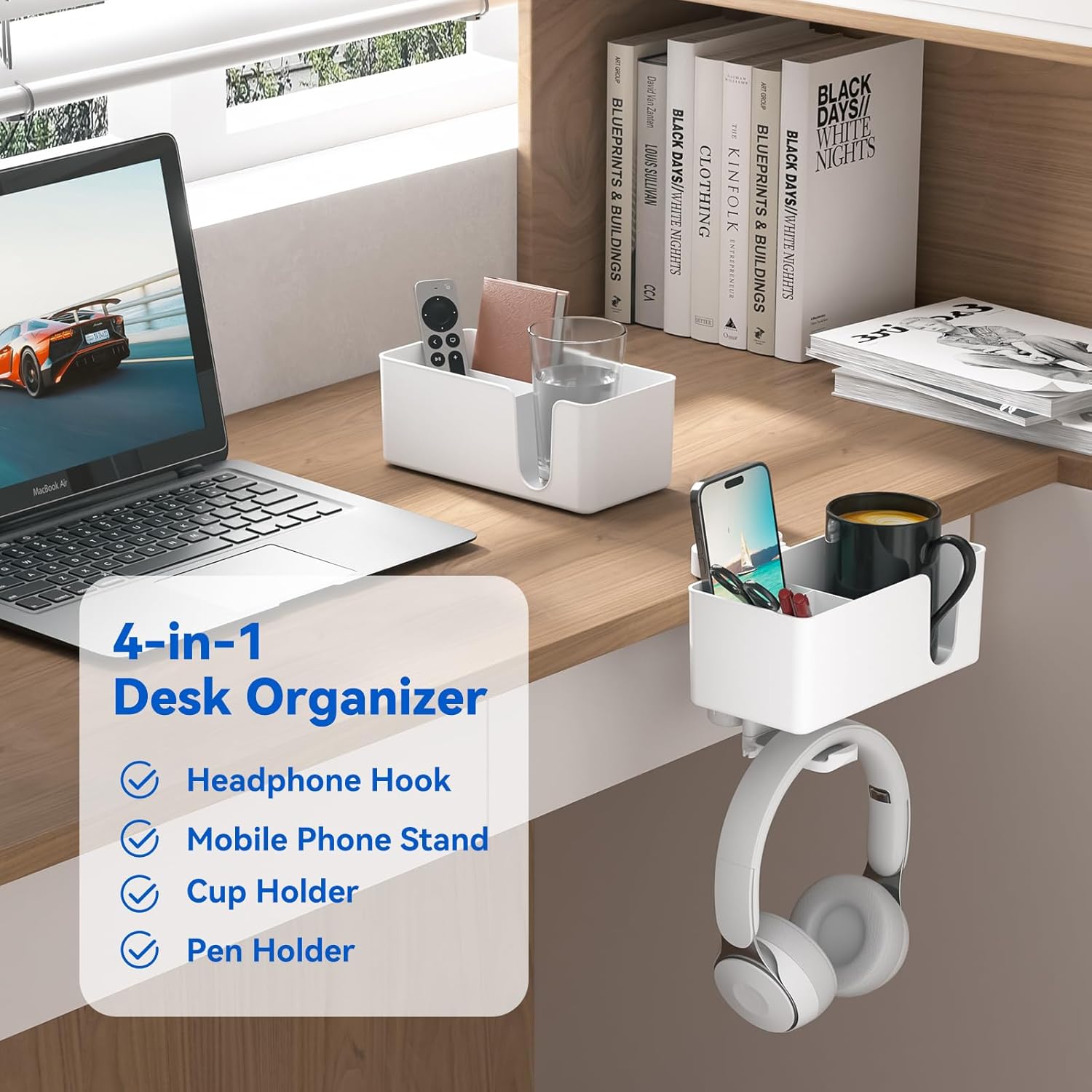 4-in-1 Desktop Organizer - Headphone Hanger and Pen Holder Cup Clamped Under the Desktop - Rotating Headphone Stand