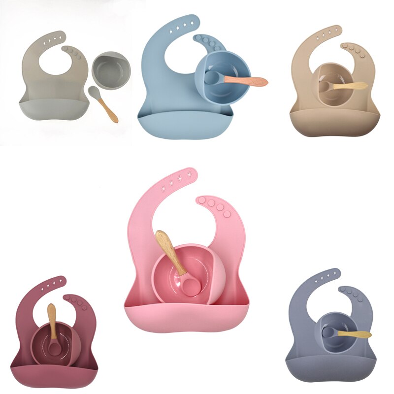 Bpa Gratis Baby Siliconen Servies Waterdichte Bib Flexibele Speeksel Handdoek Effen Kleur Sucker Kom En Lepel Voor Childre