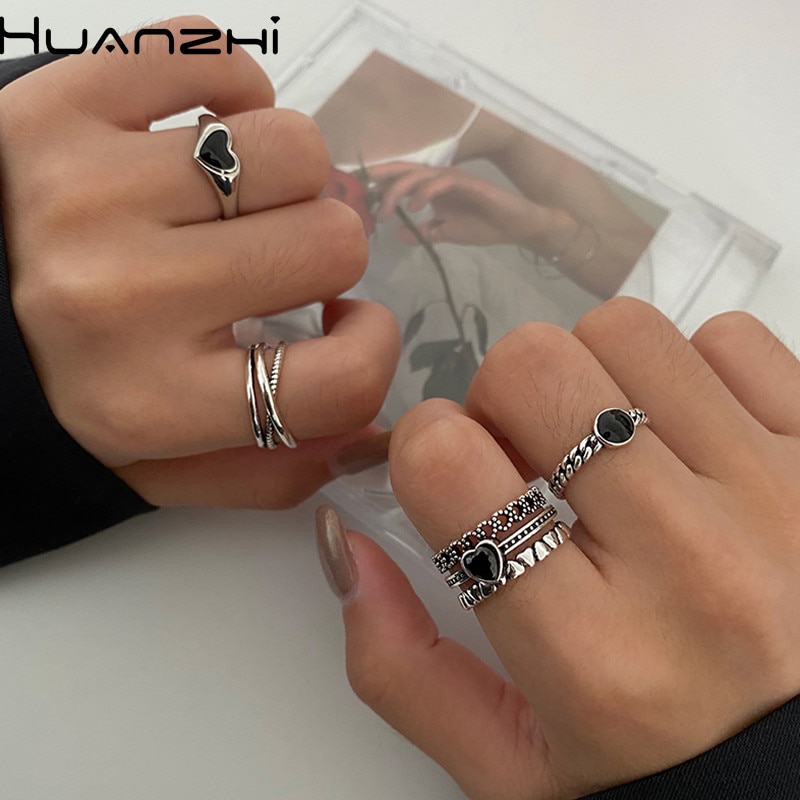 Huanzhi zwarte druppelglazuur hartvormige meerlaagse open verstelbare zilveren metalen ringen voor dames en meisjes feestsieraden
