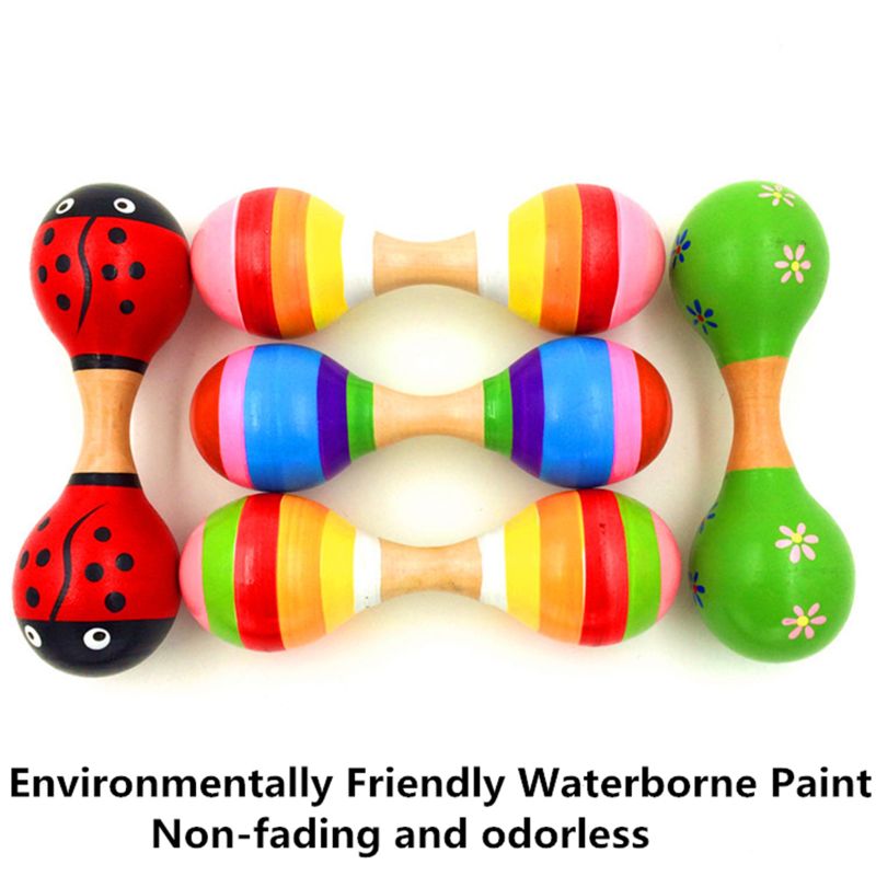 Double tête colorée en bois Maracas bébé enfant Instrument de musique hochet Shaker pour jouet de fête 634F