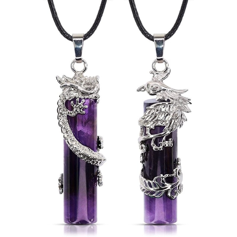Collar cilíndrico con colgante de Yin Yang para parejas, 2 piezas, dragón de cristal, Fénix, curación por radiación: Purple